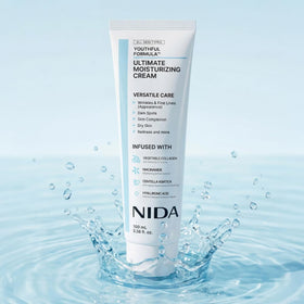 NIDA jar on bathroom vanity styled to show daily skincare routine benefit