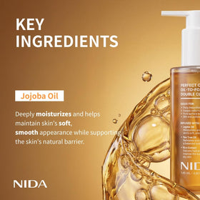 NIDA ingredients display with jojoba tea tree and rice highlighting gentle clarity