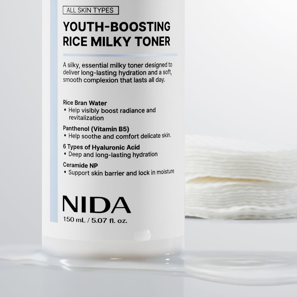 NIDA lifestyle shot with model and dewy glass-skin result visual