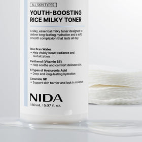NIDA lifestyle shot with model and dewy glass-skin result visual