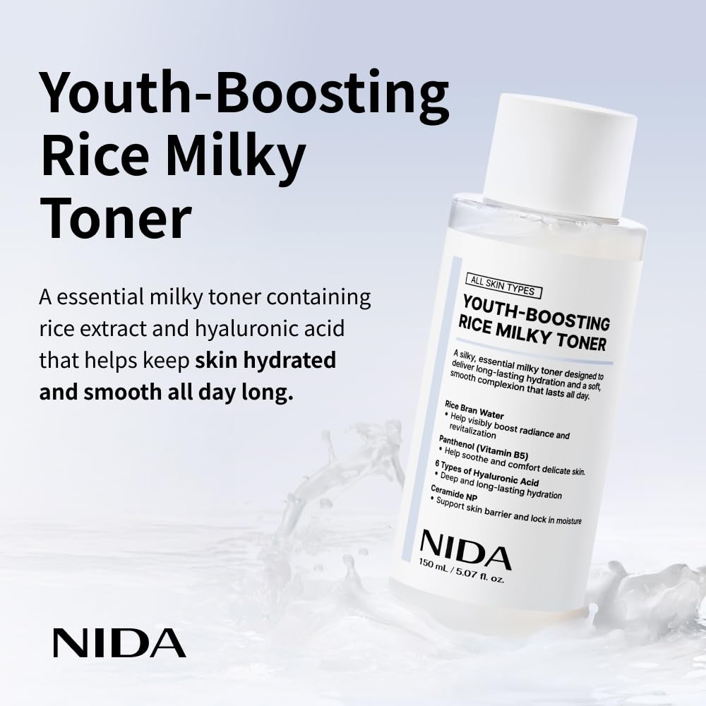 NIDA bottle with open cap dispensing toner, demonstrating easy application