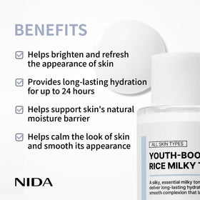 NIDA milky toner texture on hand, showing hydration and lightweight finish