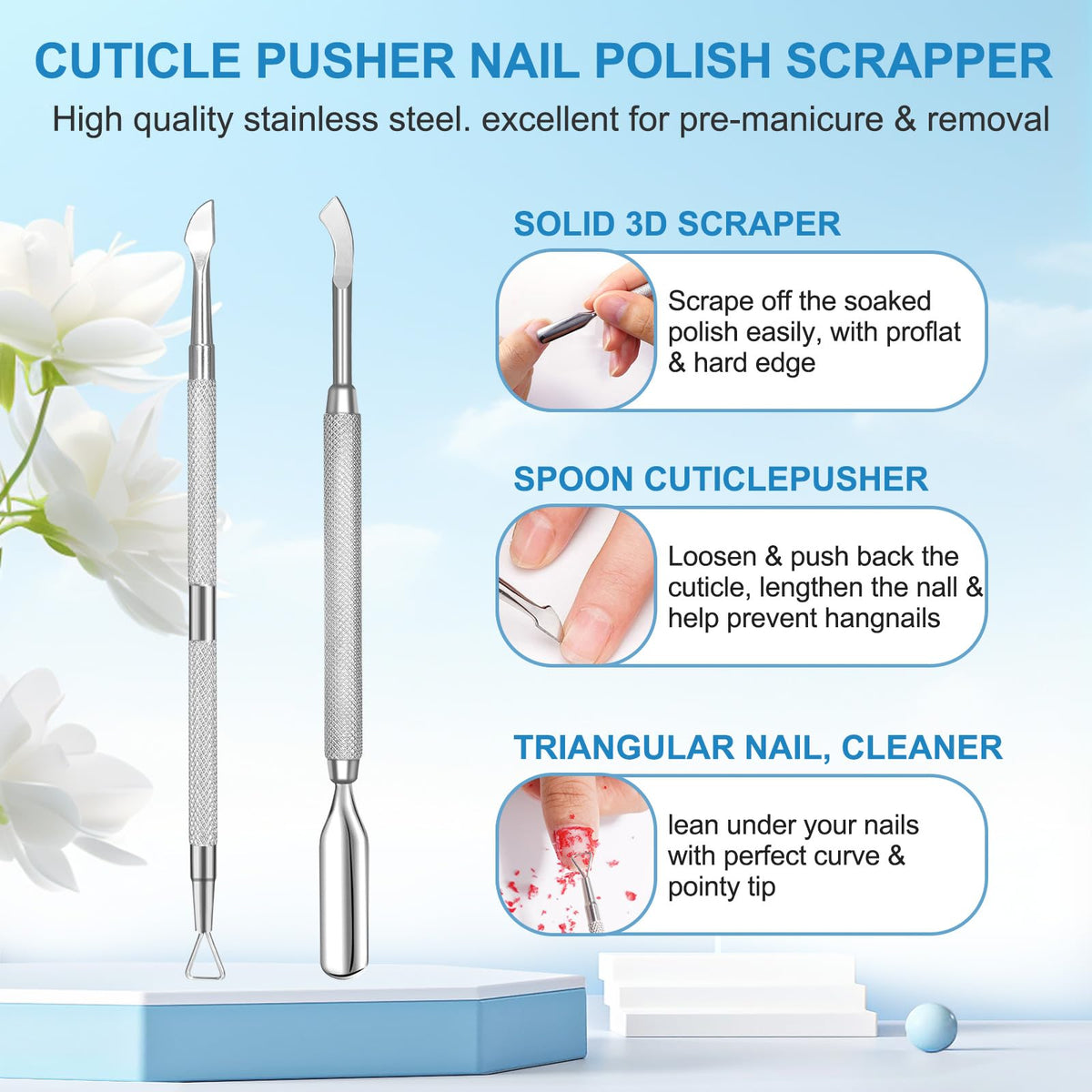 NIFEISHI included stainless-steel pusher and plastic scraper for gentle removal