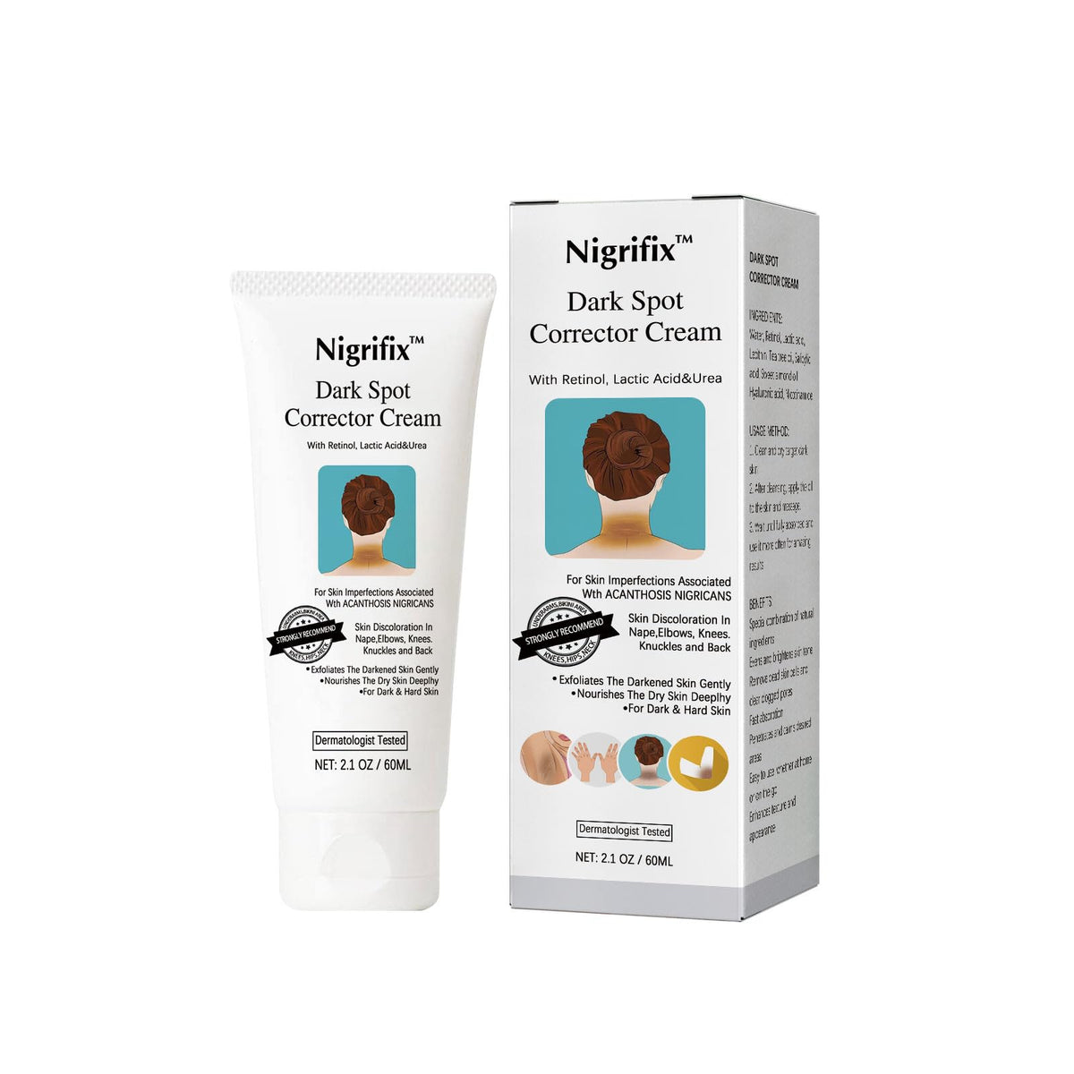 Nigrifix front packaging showing tube and product benefit for skin tone