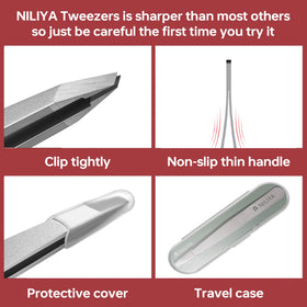 NILIYA tweezers inside travel case protecting the tip and keeping tool clean