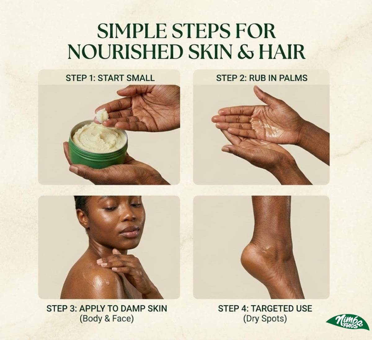 Nimba Foods elbows and heels treatment illustrating rough skin softening