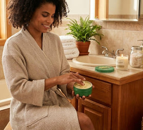 Nimba Foods lifestyle bathroom vanity showing routine-friendly moisturizer