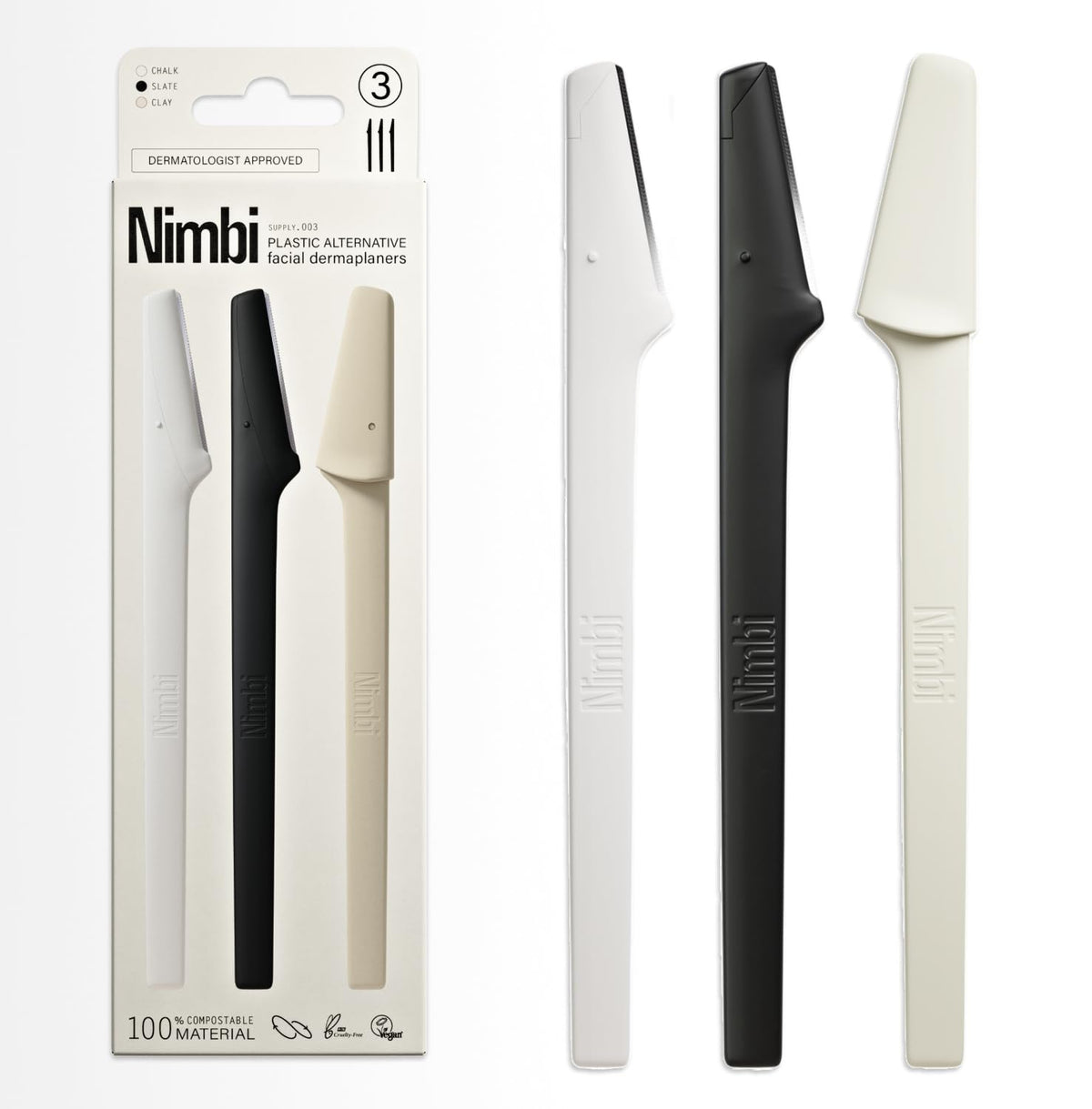 Nimbi dermaplane razor front packaging showing three tools and eco benefits