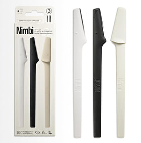 Nimbi dermaplane razor front packaging showing three tools and eco benefits