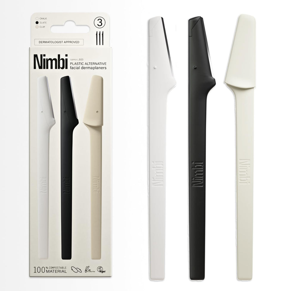 Nimbi dermaplane razor front packaging showing three tools and eco benefits
