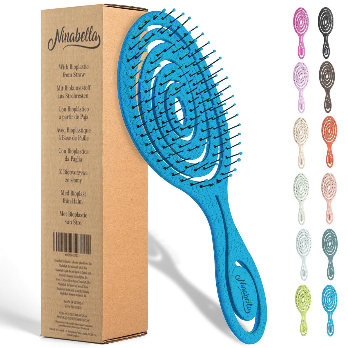 Ninabella front view of ocean blue detangling brush showing shape and finish