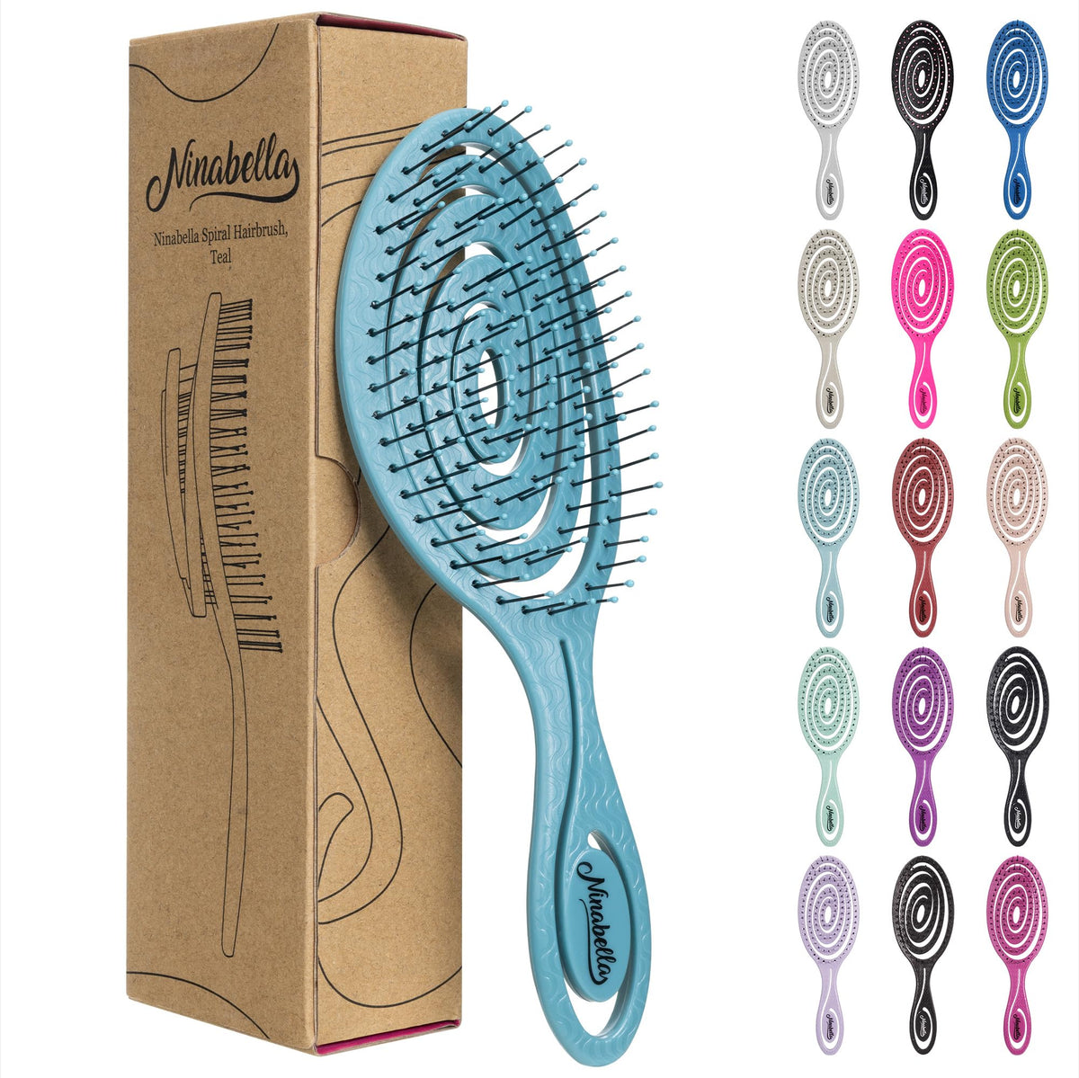 Ninabella brush front view showing teal body and spring-mounted spiral head for gentle detangling