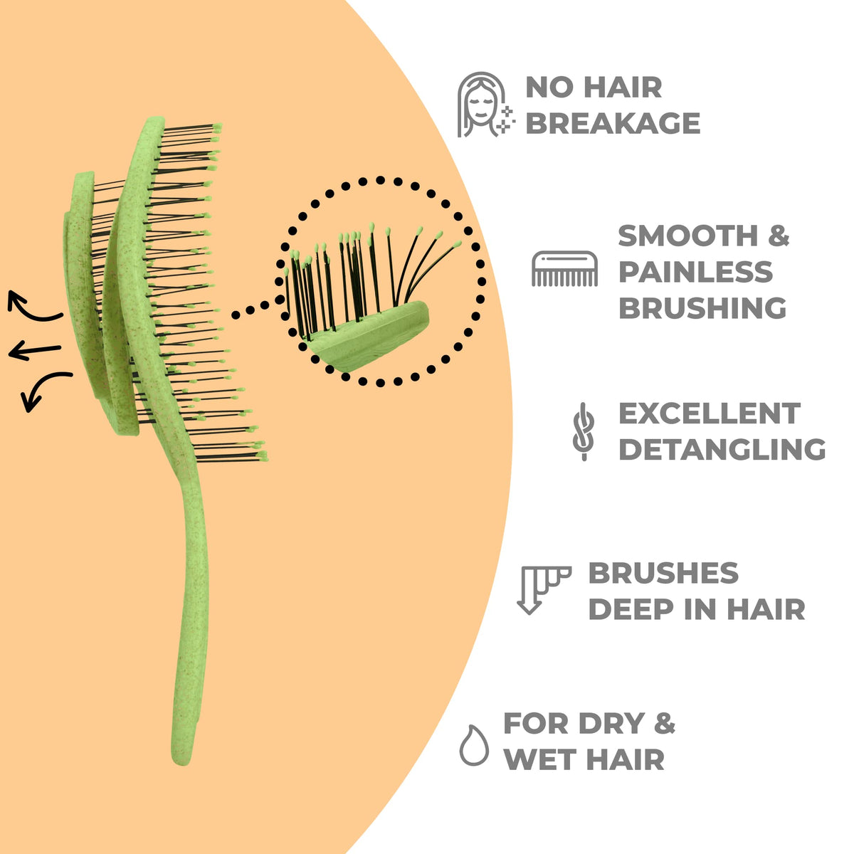Ninabella close-up of spiral spring-mounted head displaying flexible detangling action