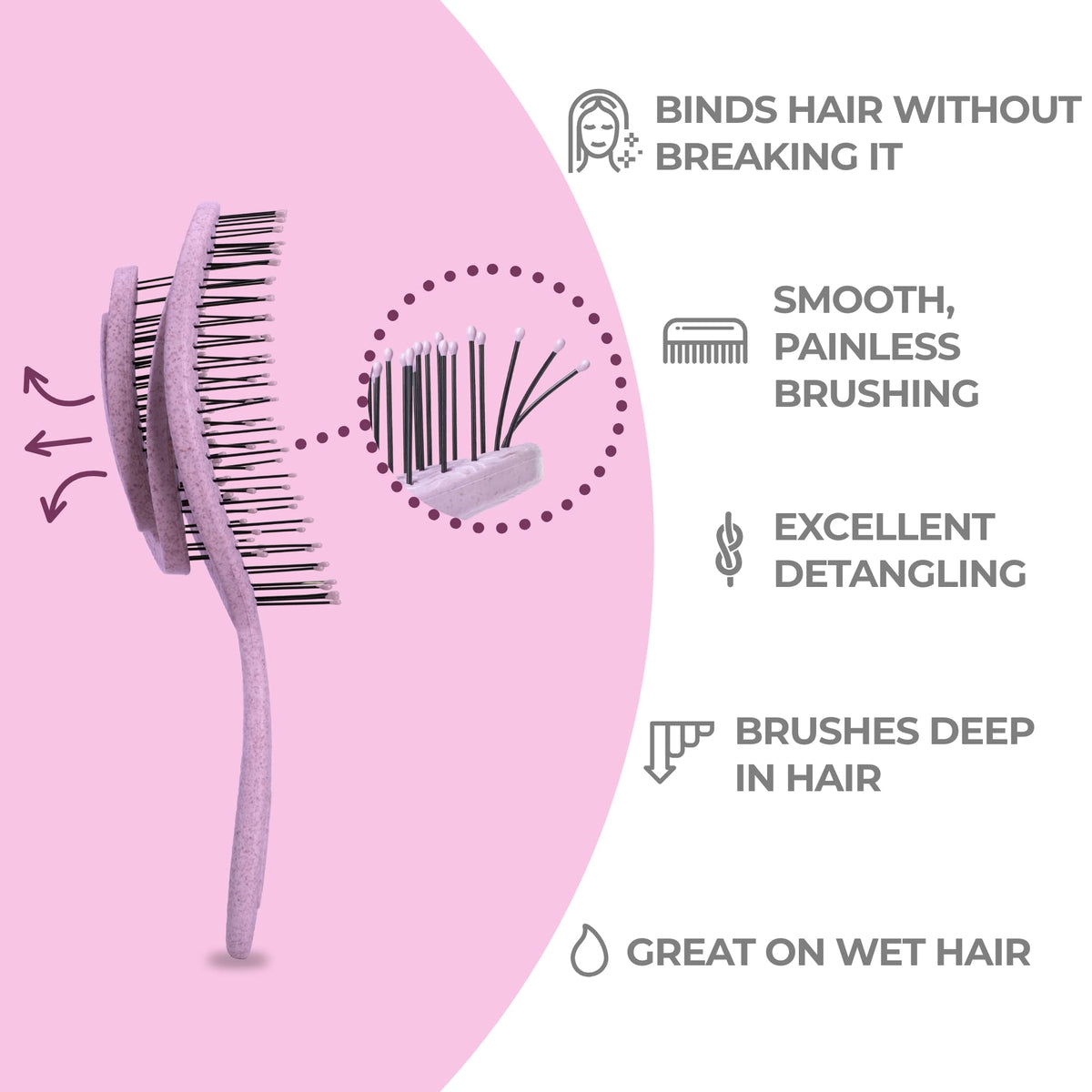 Ninabella spiral spring head closeup demonstrating flexible detangling action