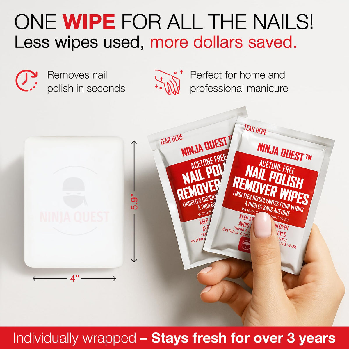 NINJA QUEST pad removing polish from fingernail showing fast, mess-free application benefit