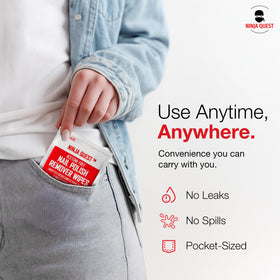 NINJA QUEST wipes in a travel pouch demonstrating portable, on-the-go nail care convenience
