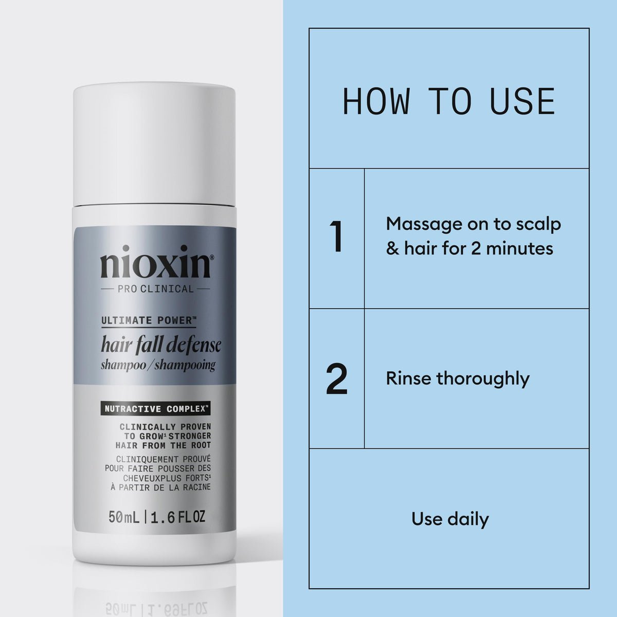Nioxin Age Defense bottle in hand showing compact 50 mL travel-friendly size