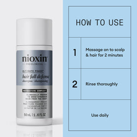 Nioxin Age Defense bottle in hand showing compact 50 mL travel-friendly size