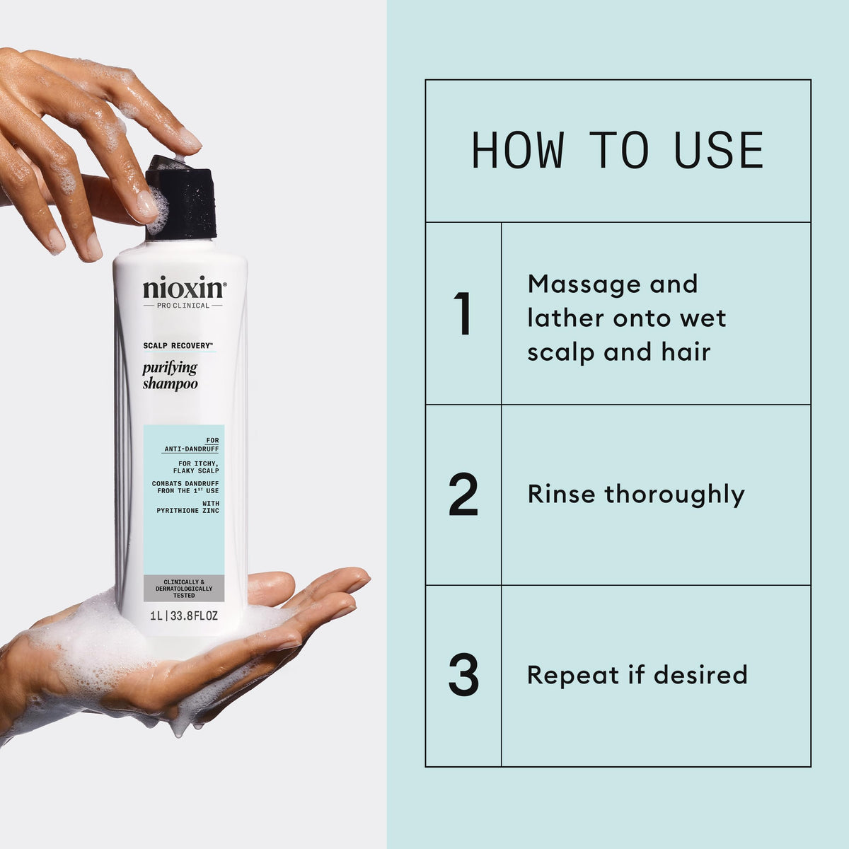 Nioxin bottle side showing dosing information for economical usage