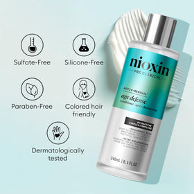 Hand holding NIOXIN 8.1 fl oz bottle to show real-world size and portability