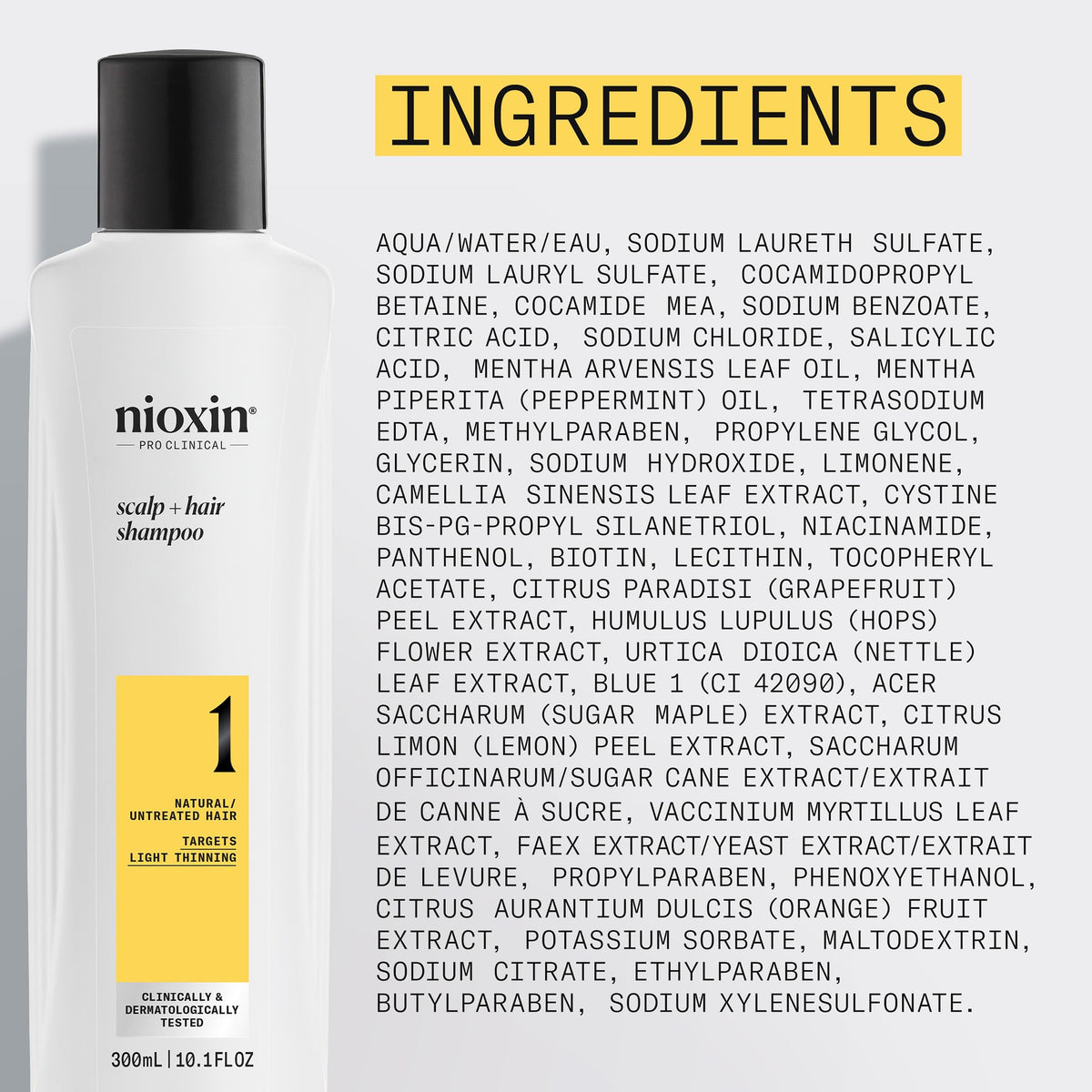 Nioxin ingredient detail showing biotin and niacinamide callout for scalp health