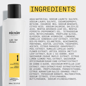 Nioxin ingredient detail showing biotin and niacinamide callout for scalp health