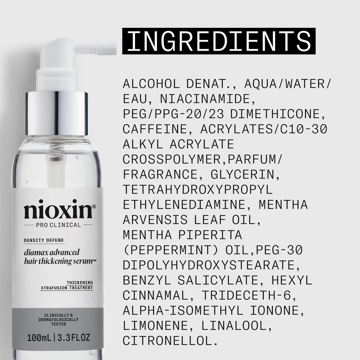 Nioxin Diamax ingredient label highlighting caffeine and niacinamide benefits