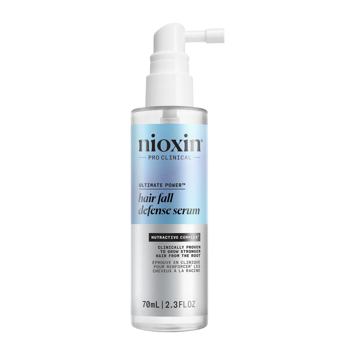 NIOXIN front packaging showing 2.3 fl oz bottle and branding benefit