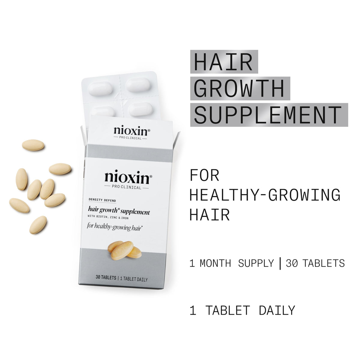 NIOXIN ingredient layout with biotin zinc iron highlighting active nutrients
