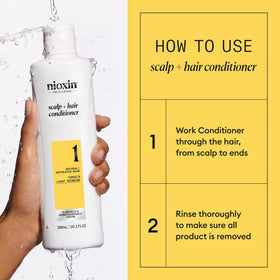 Close-up of Nioxin label ingredients panel listing niacinamide and biotin for scalp support