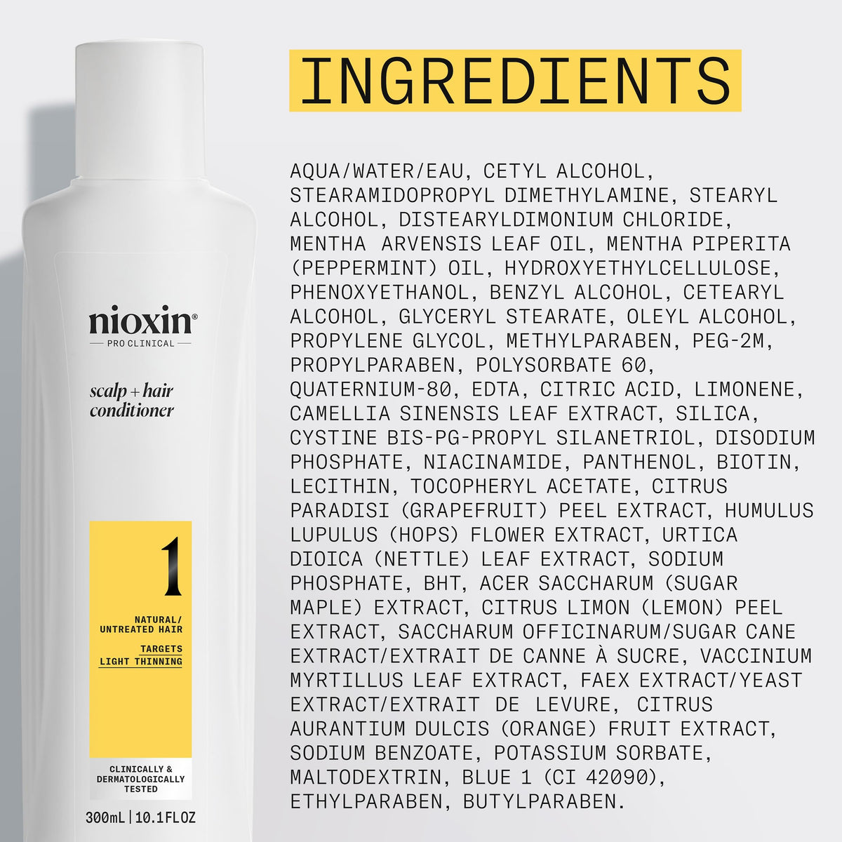 Nioxin System 1 bottle on a bathroom shelf in lifestyle setting, suggests daily routine integration