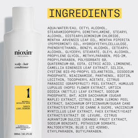 Nioxin System 1 bottle on a bathroom shelf in lifestyle setting, suggests daily routine integration