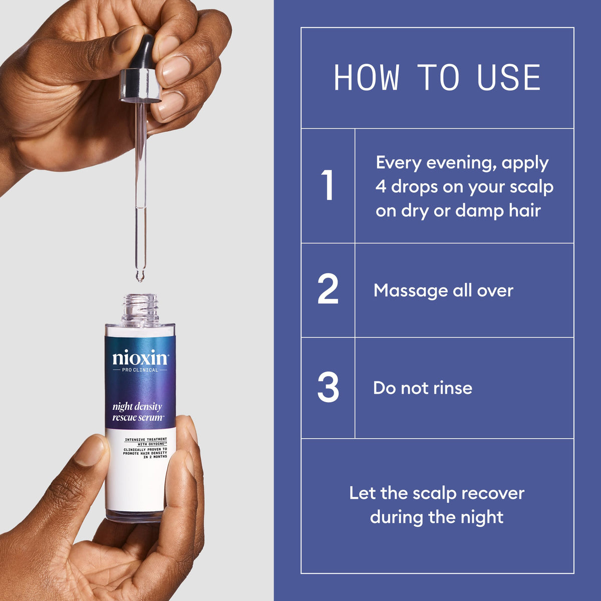 Nioxin serum in hand being applied to scalp for targeted overnight action