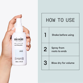 Nioxin dispenser and label detail highlighting usage instructions and product identity for confident use