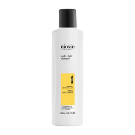 Nioxin System 1 front packaging showing bottle and branding benefit: clarifies scalp