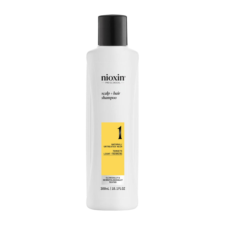 Nioxin System 1 front packaging showing bottle and branding benefit: clarifies scalp