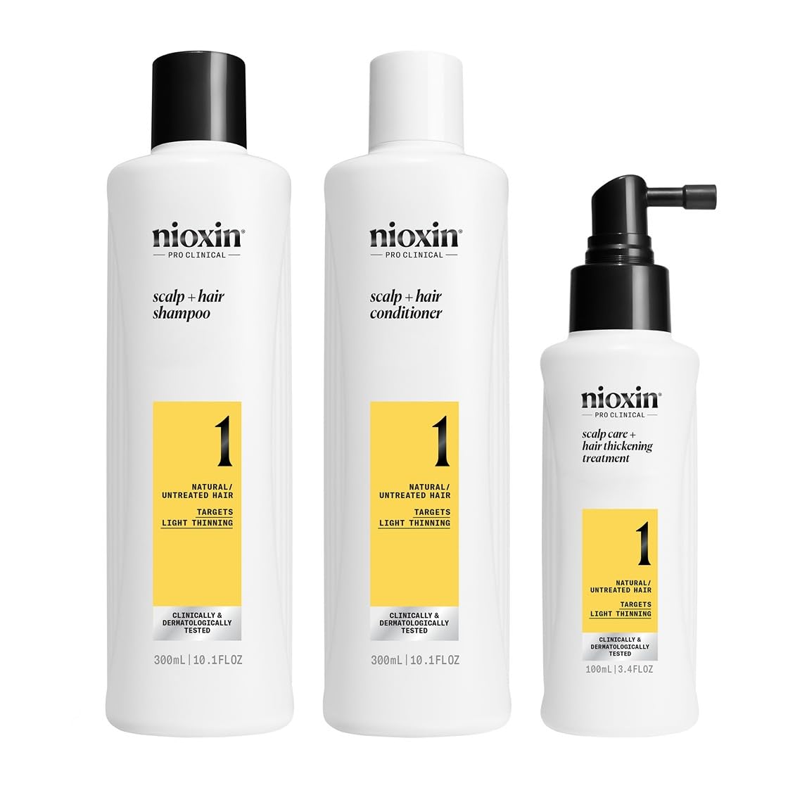 Nioxin front packaging showing complete three-step kit and benefits