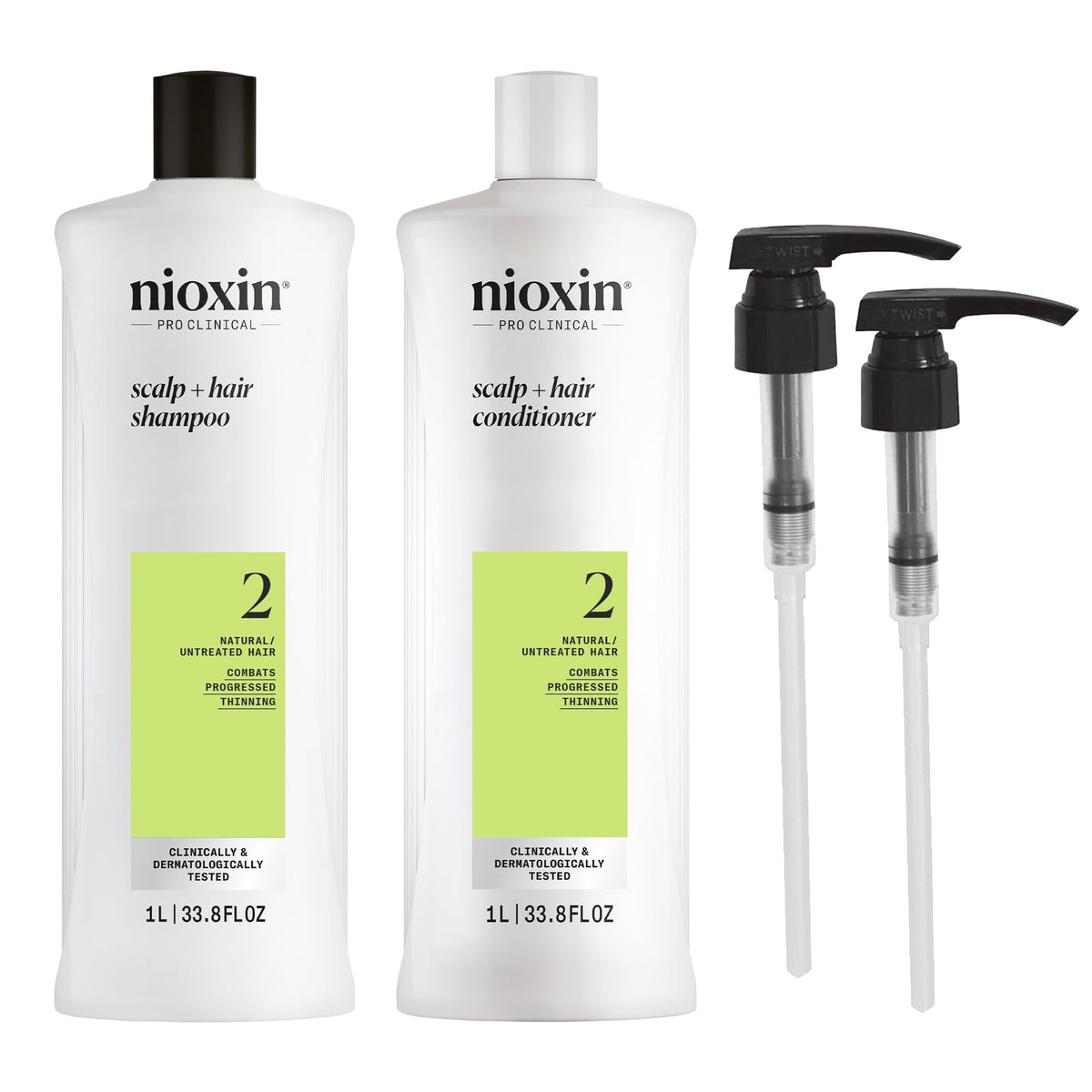 Nioxin front pack showing system 2 bottles and pumps, highlighting professional results