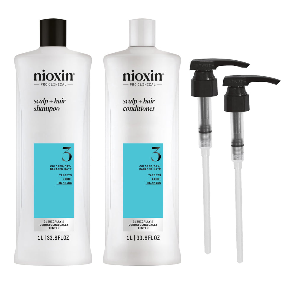 NIOXIN front packaging showing three pumps and full-size bottles for visible convenience