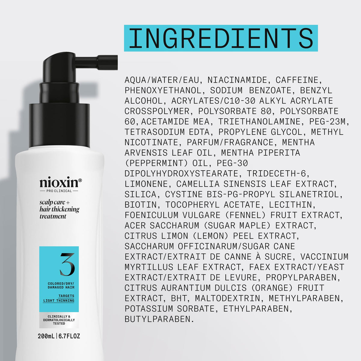 Nioxin bottle on bathroom shelf in lifestyle scene, salon-grade home treatment
