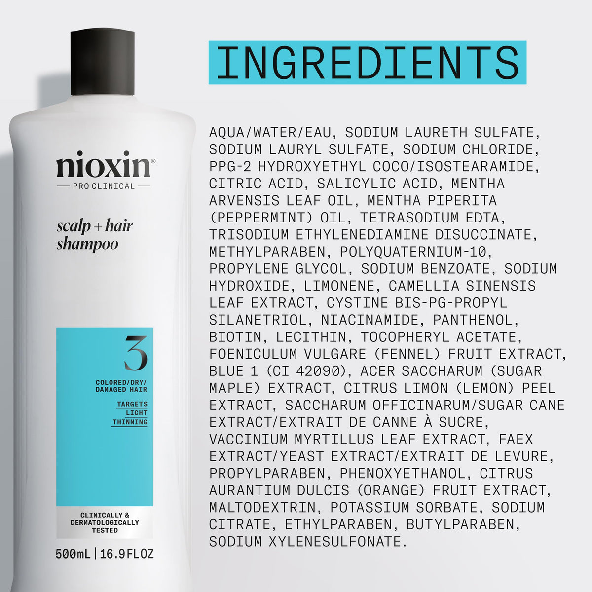 NIOXIN bottle next to measuring cup showing 16.9 fl oz scale