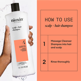 NIOXIN shampoo being applied in shower to demonstrate daily-use and color-safe cleansing