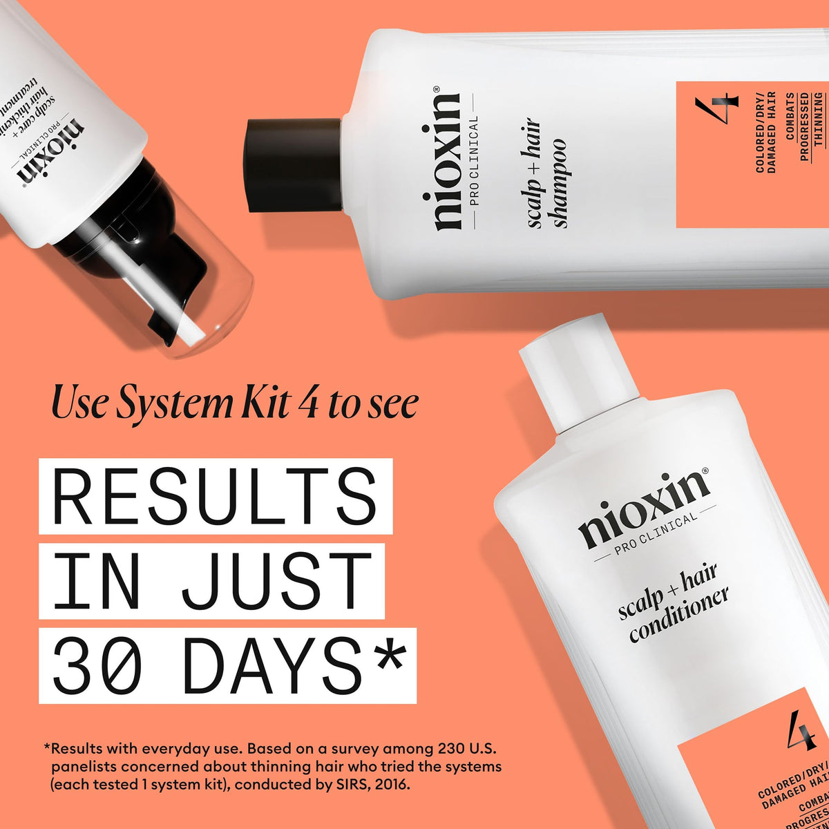 NIOXIN bottle held in hand to show true size and how much product you receive