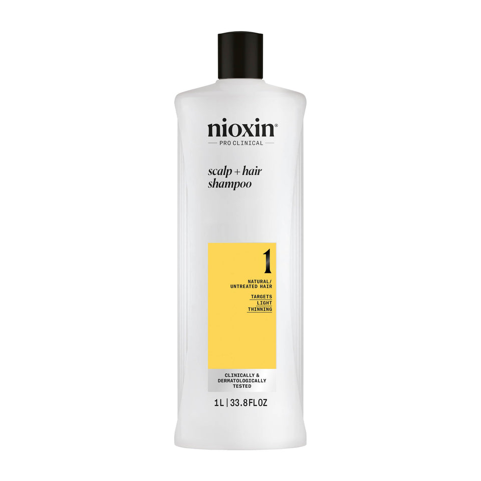 Nioxin bottle front view showing product and clear scalp benefit