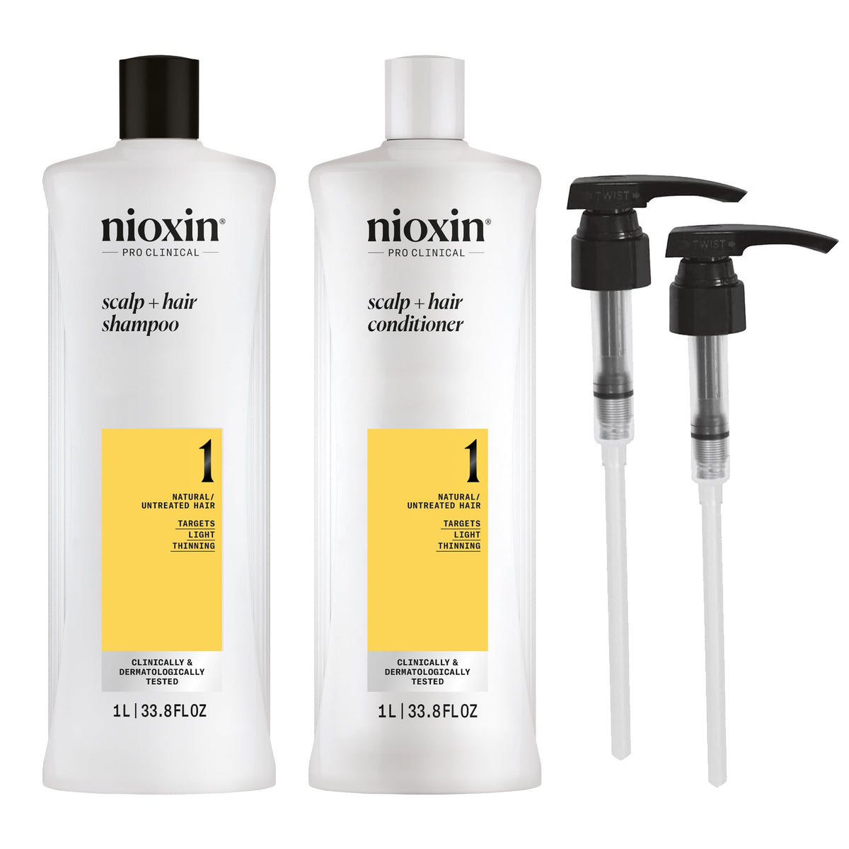 Nioxin system 1 front packaging showing full prepack and pumps benefits thicker-looking hair