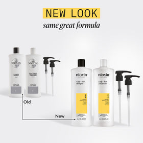 Nioxin system 1 pump detail highlighting easy-dispense feature for consistent application