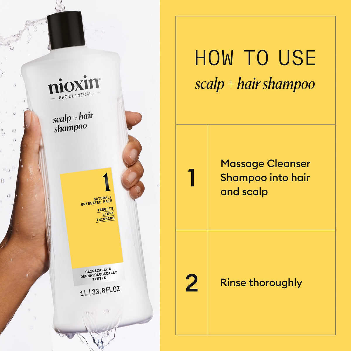Nioxin bottle in hand showing 33.8 oz scale and long-lasting benefit