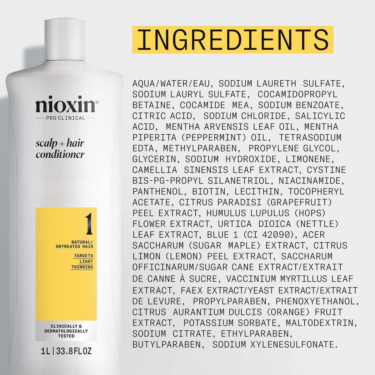 Nioxin System 1 cleanser conditioner and treatment lineup showing the complete regimen