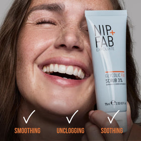 Nip+Fab scrub on bathroom shelf suggesting simple routine convenience