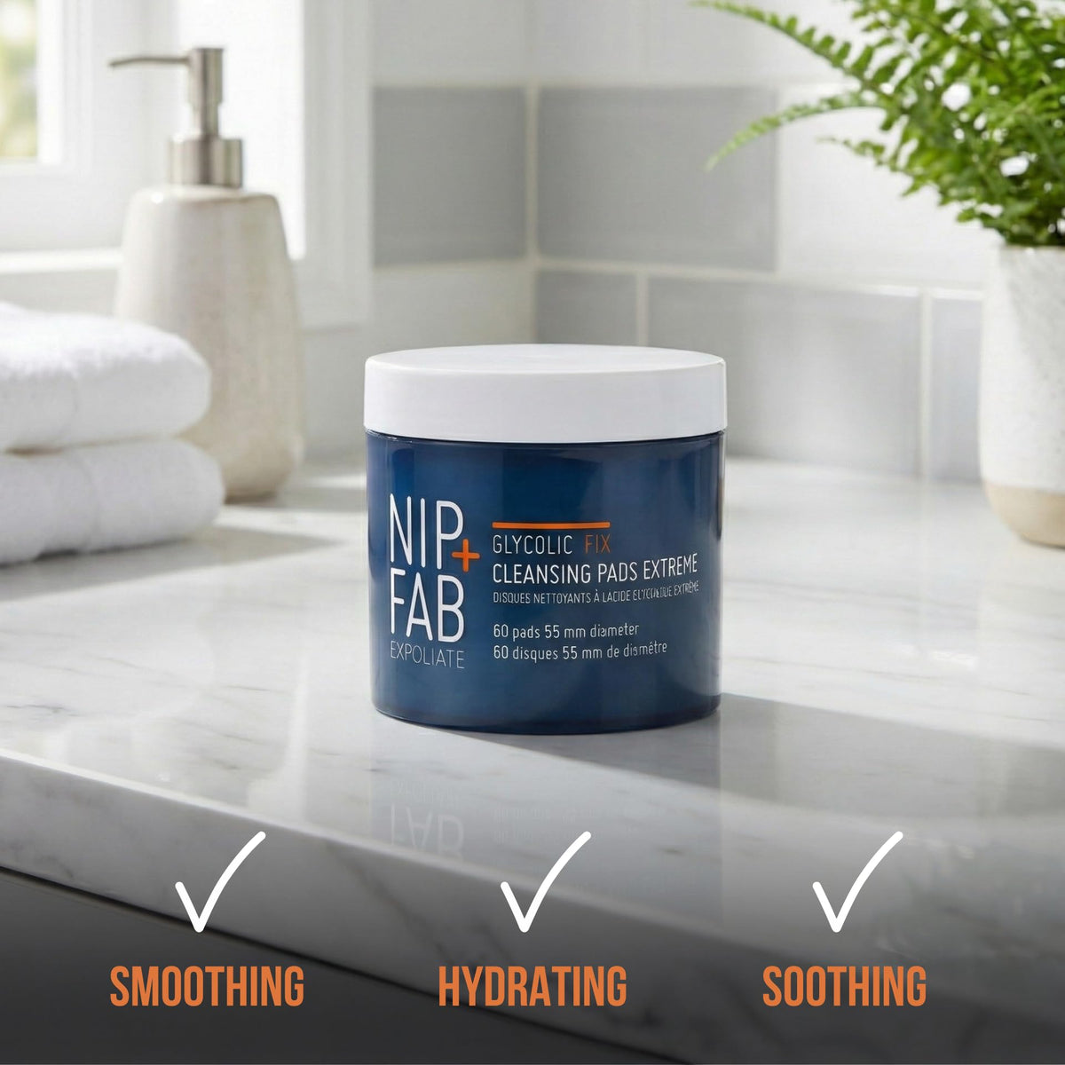Open Nip+Fab tub with stacked pads highlighting quantity and ready-to-use formula